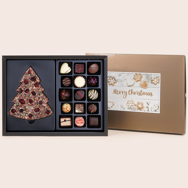 Xmas ChocoPostcard Maxi Gold - 15 Pralinen & Schoko-Weihnachtsbaum