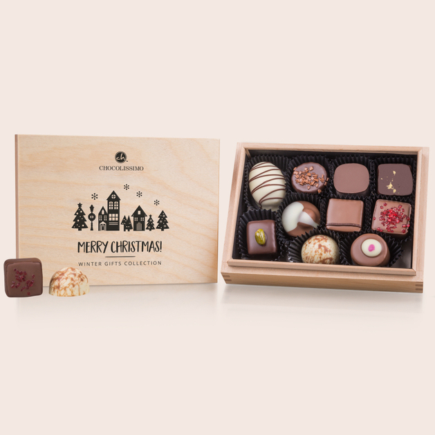 Xmas Premiere Mini - ohne Alkohol - 10 Pralinen im Holzkästchen