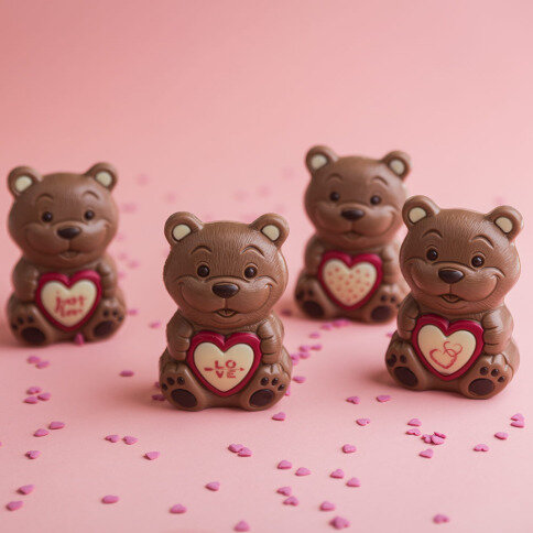 Vier Bärchen aus Schokolade für Valentinstag auf rosigem Grund