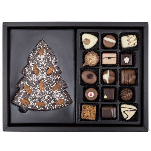 Xmas ChocoPostcard Maxi Dark - 15 Pralinen und Schokoladentafel in einer Foto-Schachtel