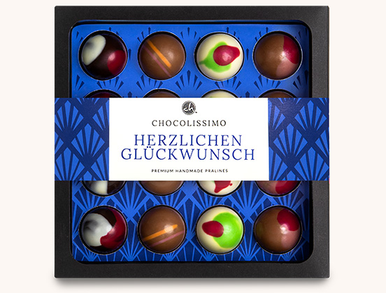 Besondere Eigenschaften der Schokoladenpralinen in verschiedenen Geschmacksrichtungen mit der Widmung „Herzlichen Glückwunsch“ aus belgischer Schokolade