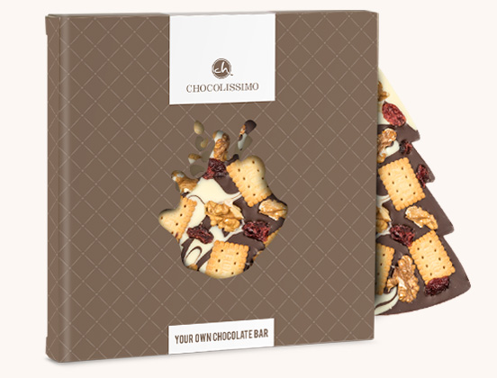 Einzigartige Merkmale eines Weihnachtsbaums aus weißer und dunkler Schokolade mit Zusätzen