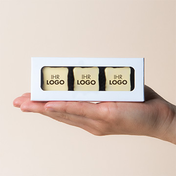 3 Pralinen mit beliebigem Aufdruck f&uuml;r Gesch&auml;ftspartner