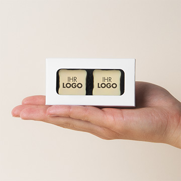 2 Pralinen mit beliebigem Aufdruck f&uuml;r Gesch&auml;ftspartner