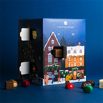 Schokoladen-Adventskalender, Schachtel mit Pralinen