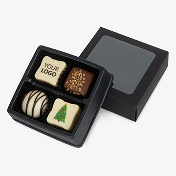 Set mit 4 Pralinen mit Sichtfenster und persönlicher Widmung