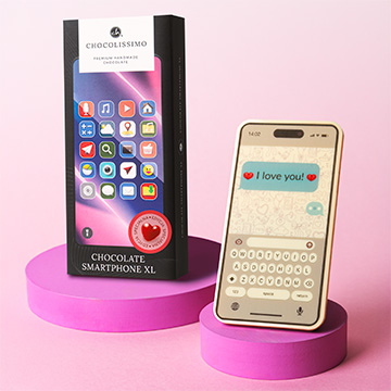 Schokoladen-Smartphone I Love You in einer dekorativen Schachtel zum Valentinstag