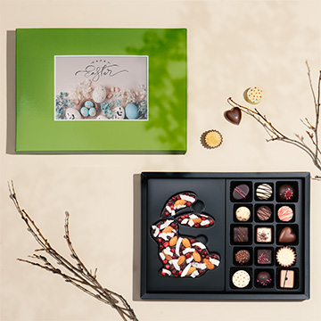 Osterpralinen mit Schoko-Osterhäschen und persönlichem Foto