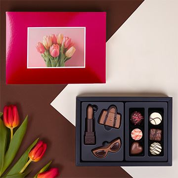 Schokoladen-Set mit Pralinen und Figuren mit Foto zum Frauentag