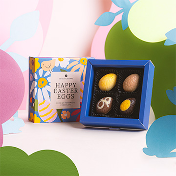 4 Pralinen in Oster-Ei-Form aus belgischer Schokolade in &ouml;sterlicher Aufmachung