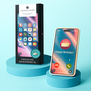 Schokoladen-Smartphone zum Geburtstag Happy Birthday in einer dekorativen Geschenkbox