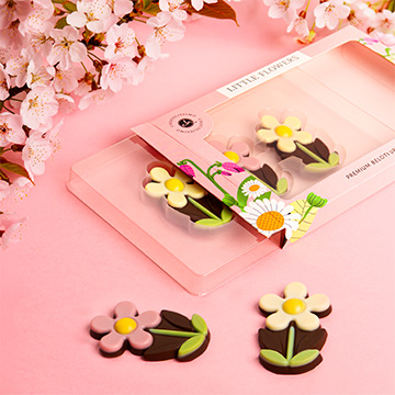 Schokoladen-Gänseblümchen und -Tulpen in den Händen