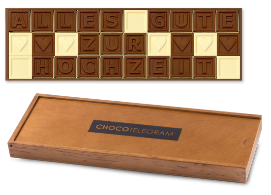 Alles gute zur Hochzeit Schokolade. Buchstaben Chocolissimo