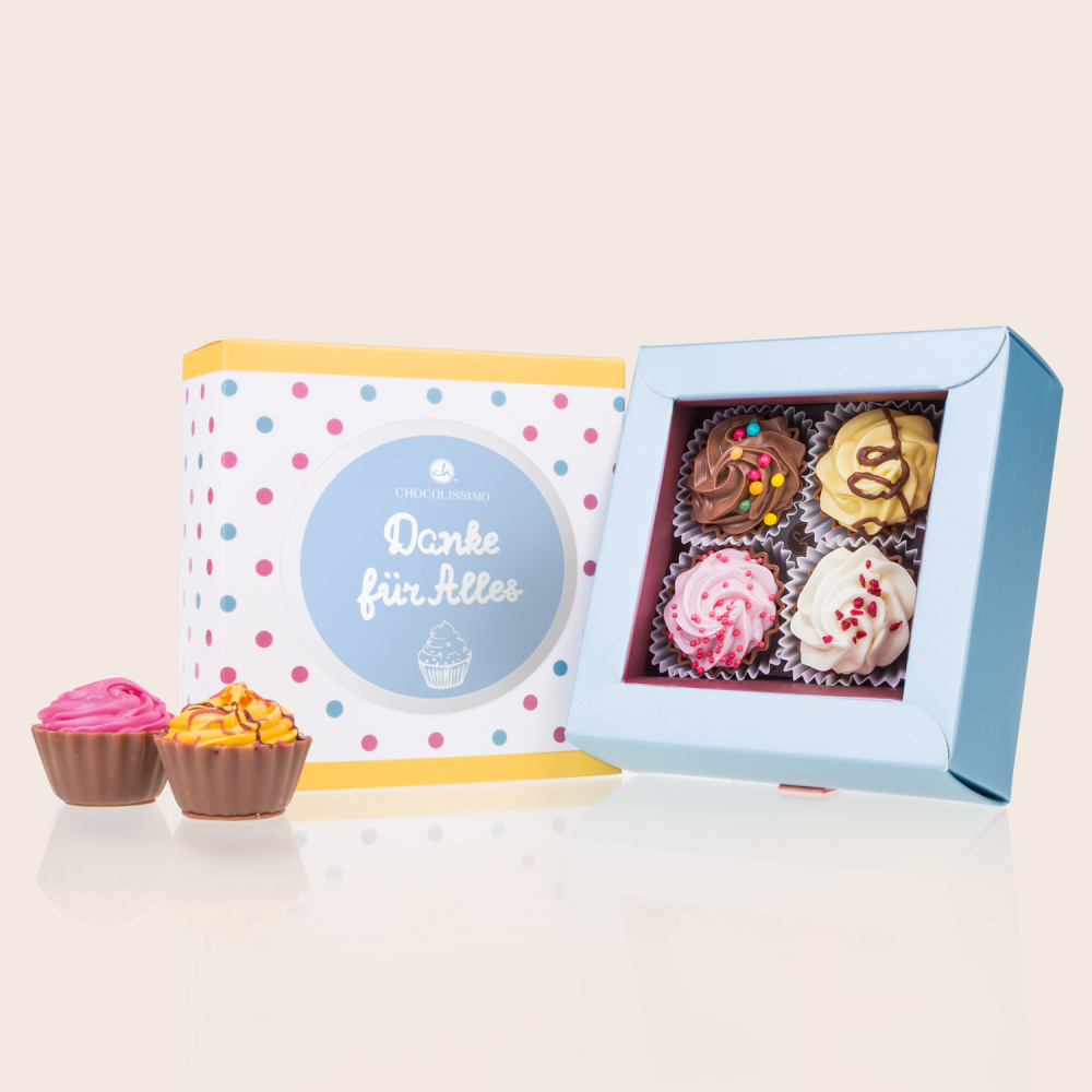 Cupcake-Pralinen Danke - 4 Cupcake-Pralinen Danke gefüllte handgefertigt Dankeschön Muttertag Geschenk | Chocolissimo
