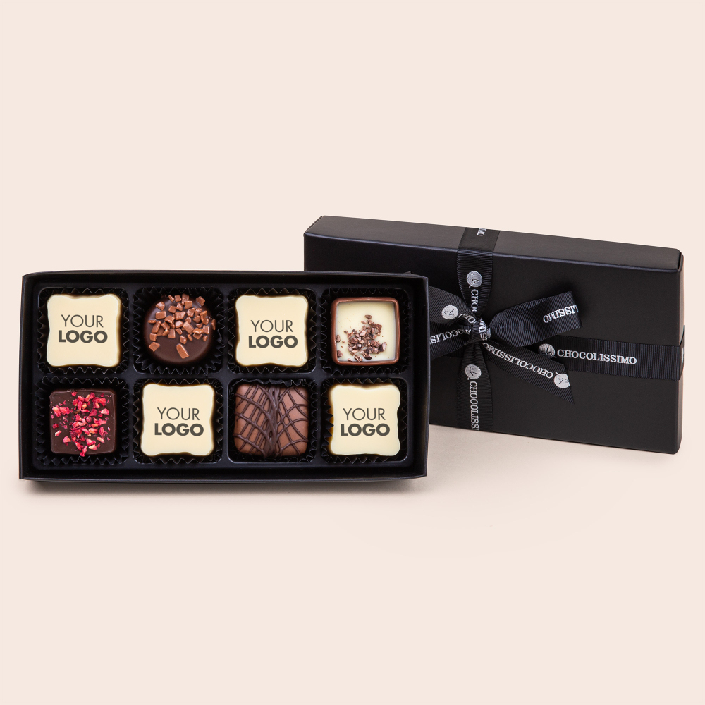 Logopralinen Firmengeschenke | Pralinen B2B mit Firmenlogo Black XL personalisiert | Chocolissimo