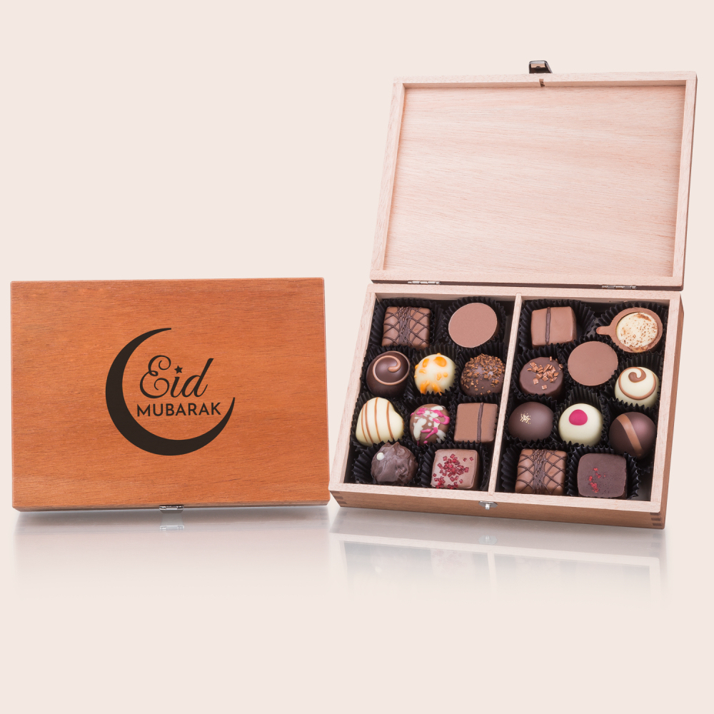 Pralinen Eid Mubarak ohne Alkohol - ChocoClassic ohne Alkohol 20 Stück im Holzkästchen | Chocolissimo