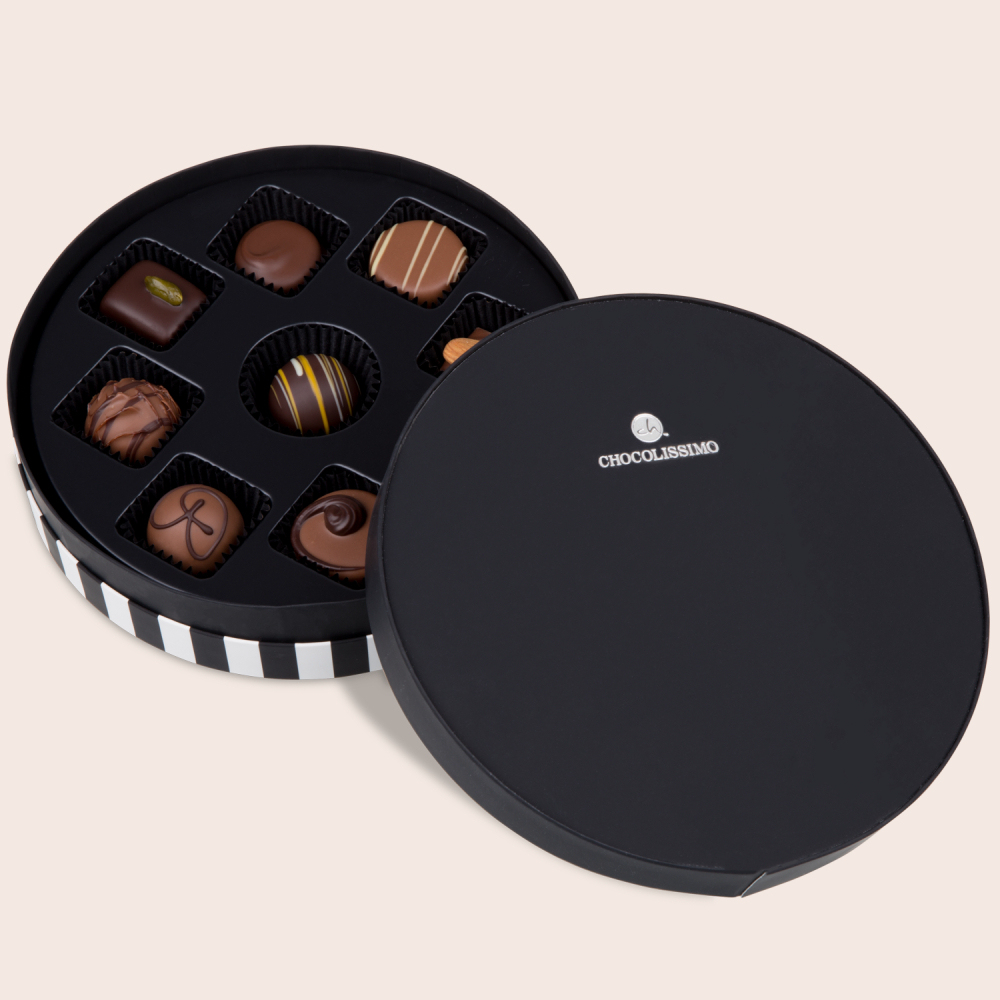 Pralinen 9 Stück edel - Glamour L in schwarz-weißer Schachtel elegant | Chocolissimo