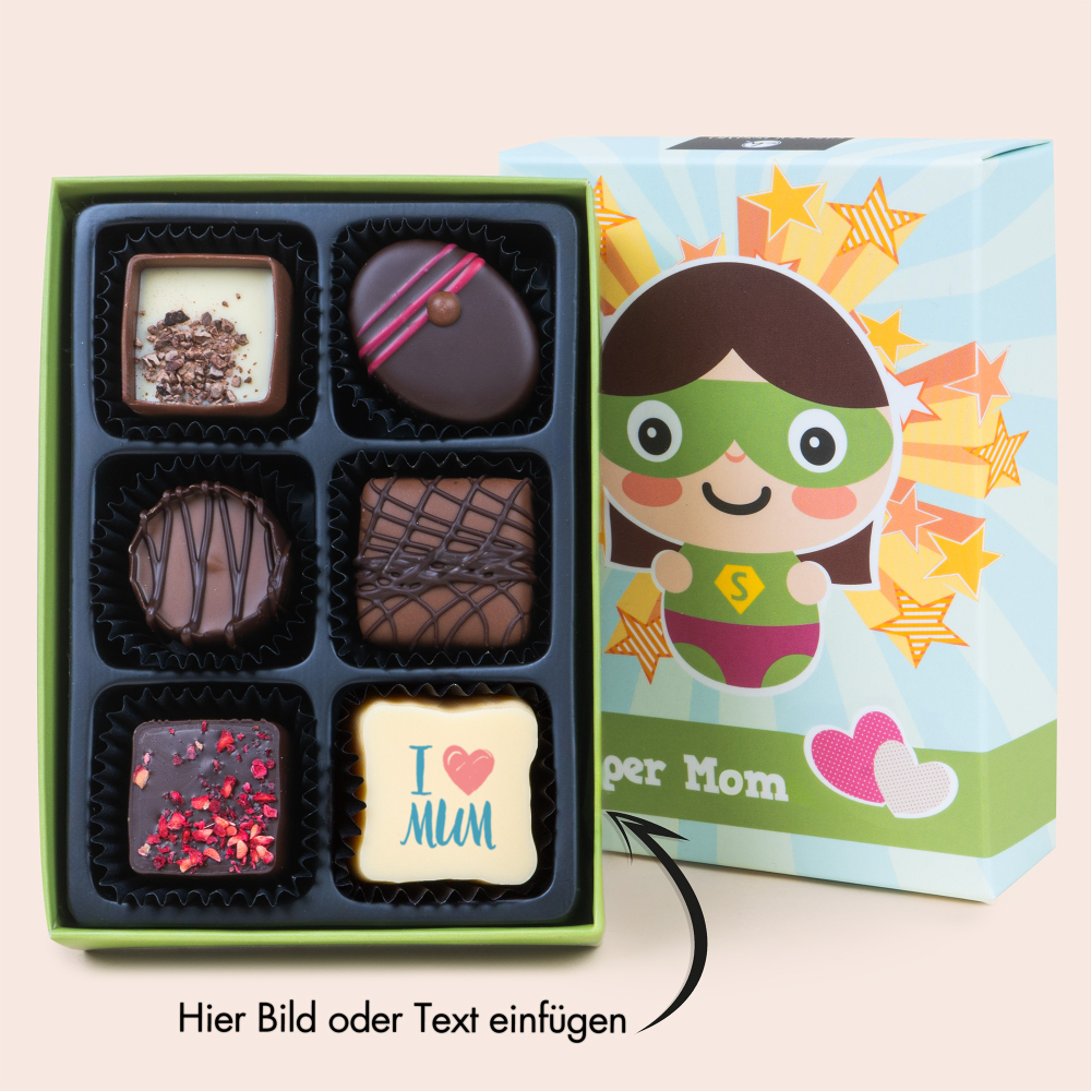Pralinen Muttertag personalisiert - Mini Super Mom mit Oxide Praline | Chocolissimo