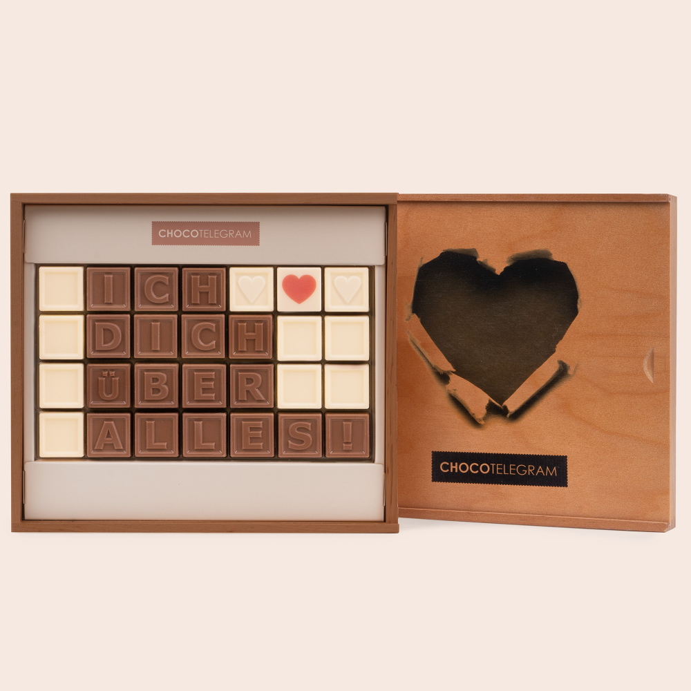 Schokoladentelegramm quadratisch - Ich liebe dich über alles ChocoTelegram | Chocolissimo