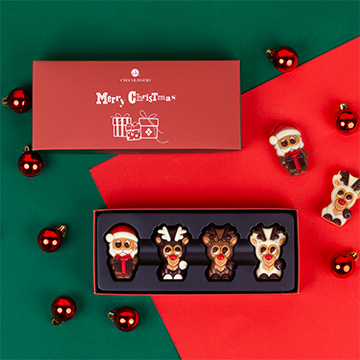 1 kleiner Schoko-Weihnachtsmann und 3 Schoko-Rentiere